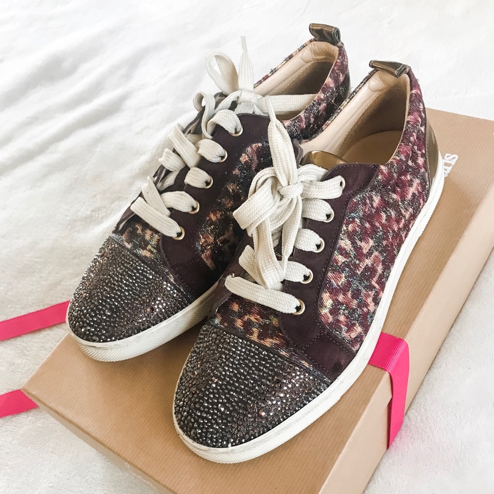 Christian Louboutin Burgundy Tweed Sneakers with Glitter Toe